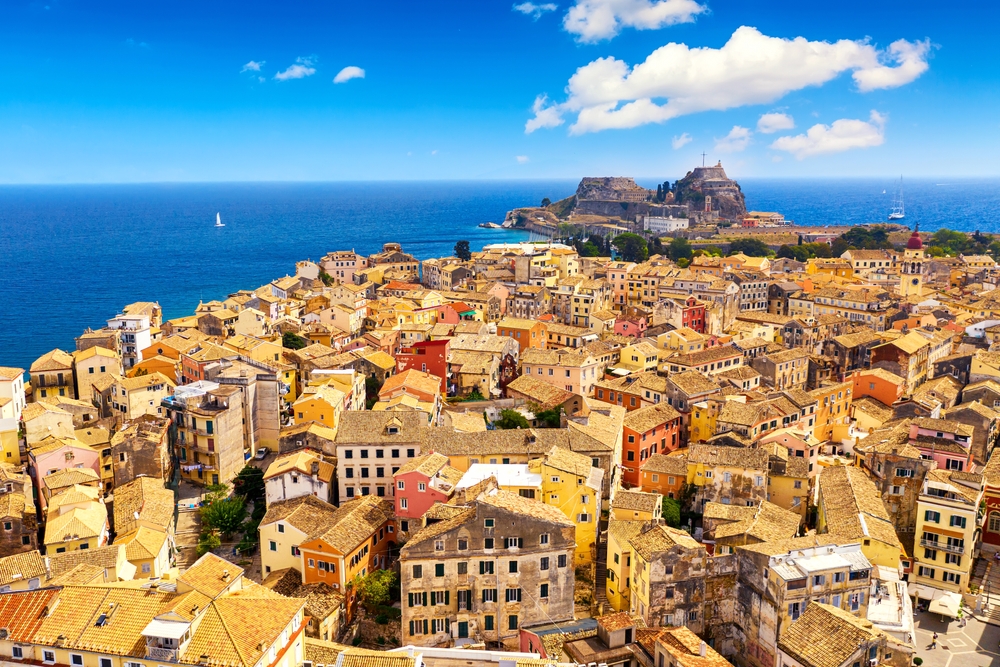 Aerial,Drone,View,Of,Kerkyra,With,Old,Fortress,During,Summer
